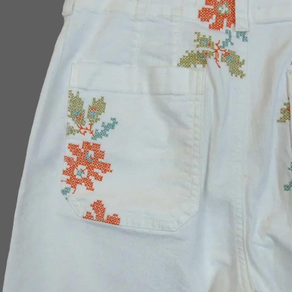 Maeve Anthropologie Colette Jeans 30 White Floral Embroidered Crop Wide Leg Boho